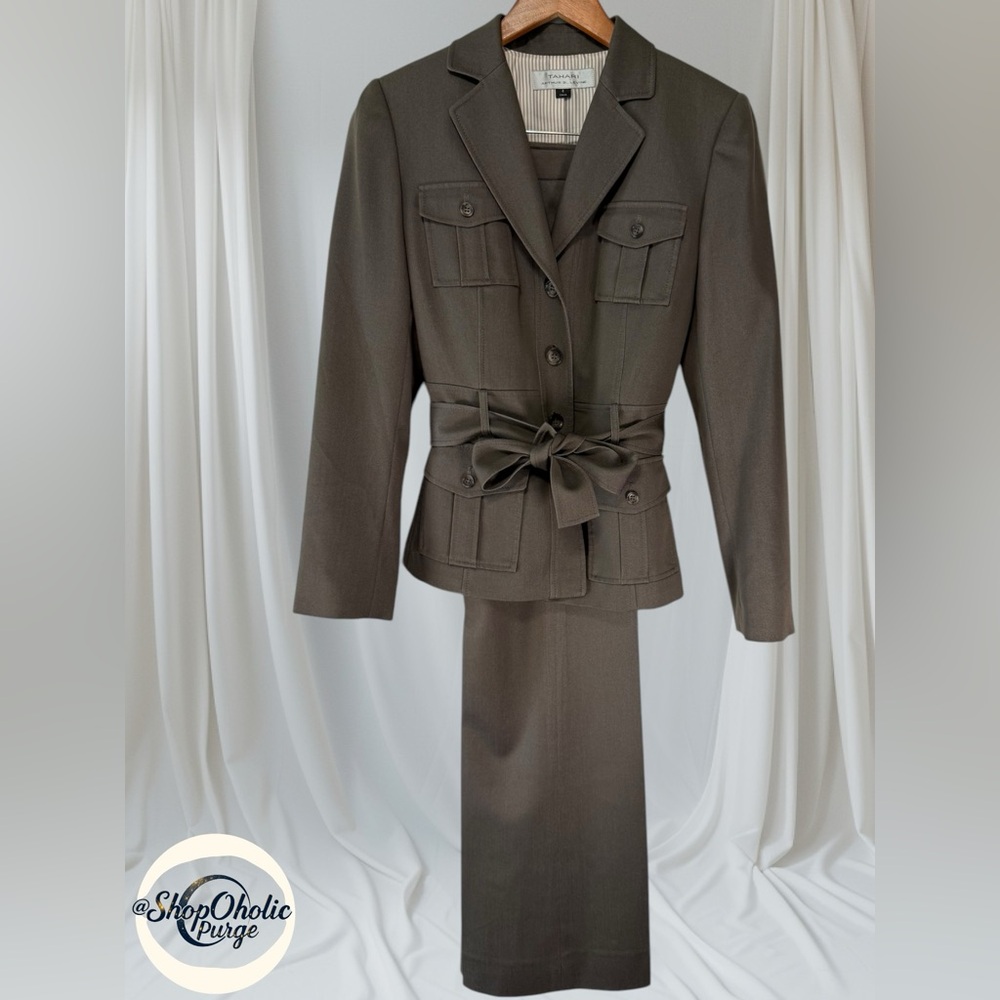 T Tahari Dark Brown Two-Piece Belted Blazer Suit - Picture 4 of 16